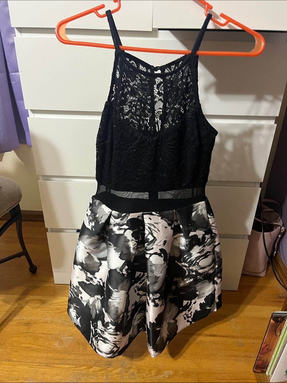 A. Byer Black Lace Bodice with Black & White Floral Skirt Dress